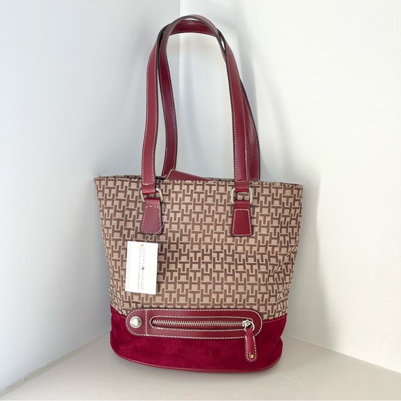 Tommy Hilfiger Handbags - Tommy Hilfiger Vintage Handbag Red Suede Brown Jacquard Bucket Purse NWT